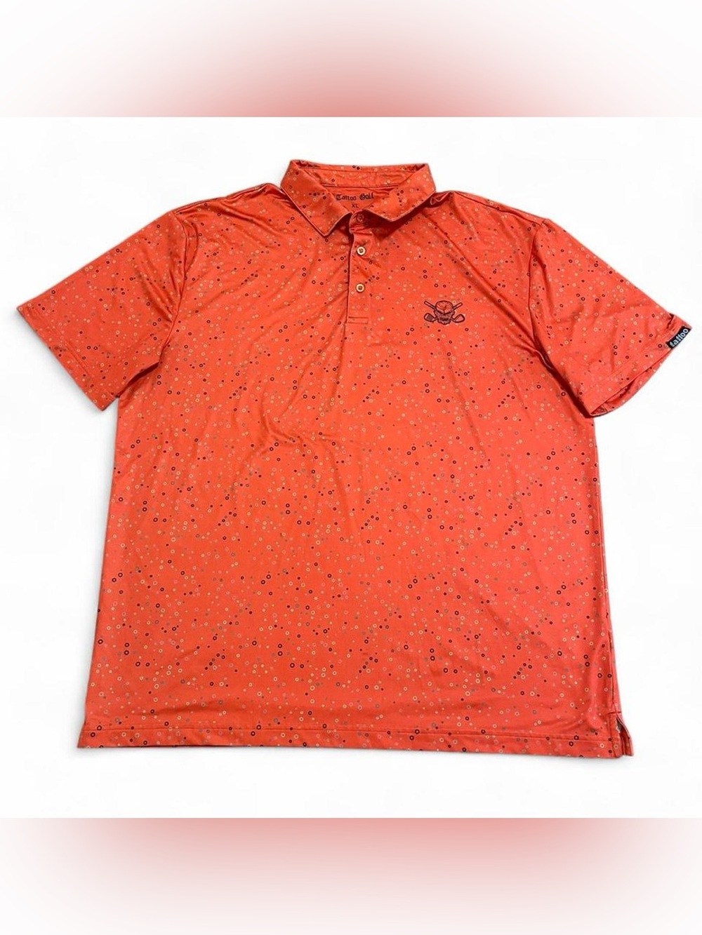 Tattoo Golf Mens Orange Hexagon Print Performance Polo Shirt Skull Logo XL
